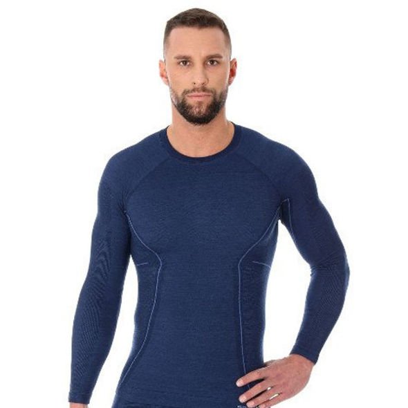 Koszulka termoaktywna Brubeck Active Wool LS12820 z wełny merino długa granatowa męska 