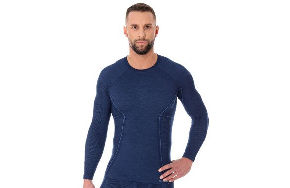 Koszulka termoaktywna Brubeck Active Wool LS12820 z wełny merino długa granatowa męska 